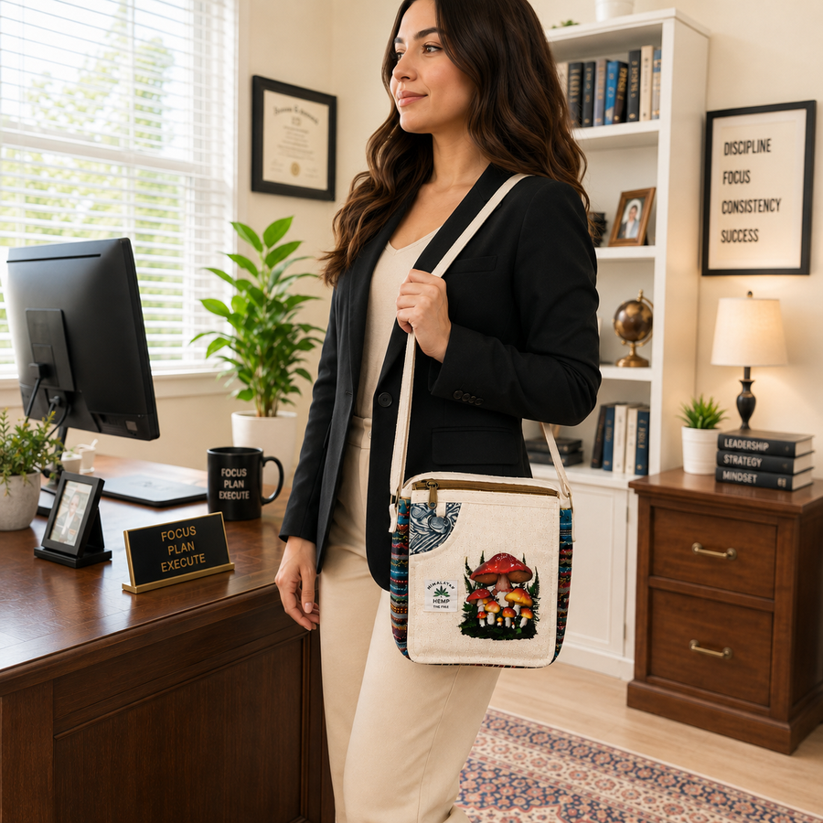 A woman in a black blazer and beige pants stands in a home office setting, carrying a canvas shoulder bag with a colorful mushroom illustration and blue patterned accents.