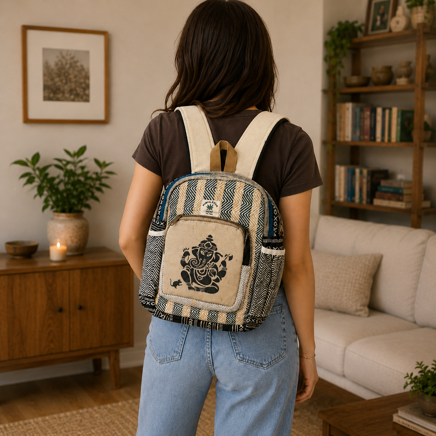 A woman viewed from behind wearing a striped and patterned backpack with a large black Ganesha graphic on the front pocket, standing in a cozy living room.