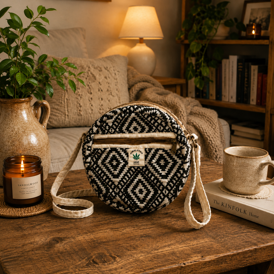 A round woven crossbody bag with a black and white geometric pattern sits on a rustic wooden table in a cozy, warmly lit living room setting. The bag features a small green and white logo patch on the front pocket.