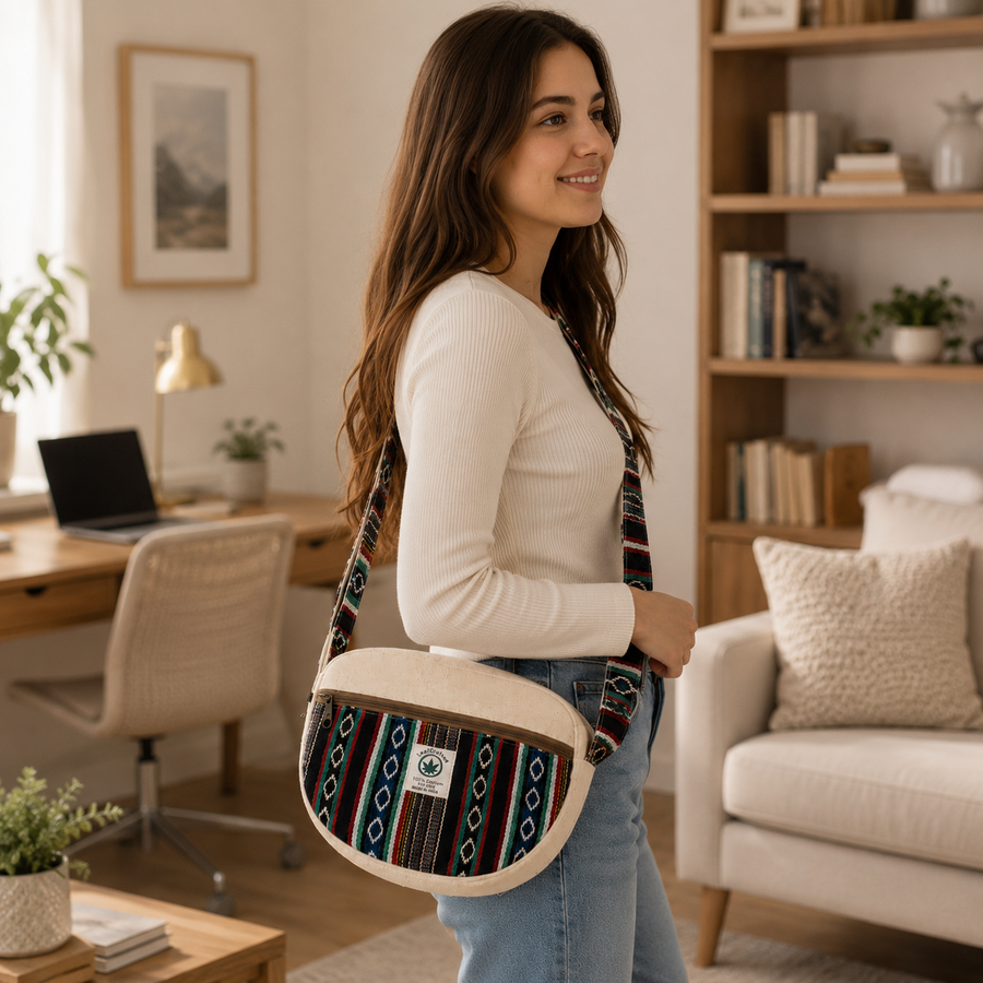 A woman wearing a cream ribbed long-sleeve top and blue jeans carries a crescent-shaped crossbody bag with a cream fabric body and a colorful geometric patterned strap, standing in a bright, modern living room.