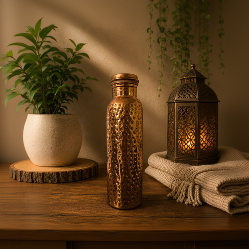 A hammered metallic copper water bottle stands on a wooden table in a warm, styled interior setting. A potted plant sits on the left, a woven throw and brass lantern are on the right, and the background wall is softly lit with shadows.