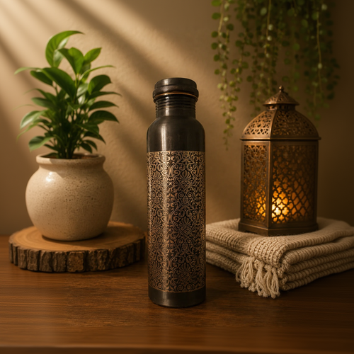 A dark metallic water bottle with an ornate embossed damask pattern, standing on a wooden table in a warm, cozy setting with a potted plant, a woven throw, and a glowing brass lantern.