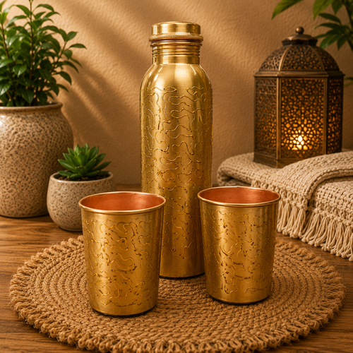 A brass water bottle and two matching cups with a textured embossed pattern, arranged on a woven placemat on a wooden table with decorative plants and a lantern in the background.