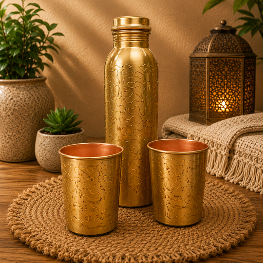 A brass water bottle and two matching cups with a textured embossed pattern, arranged on a woven placemat on a wooden table with decorative plants and a lantern in the background.
