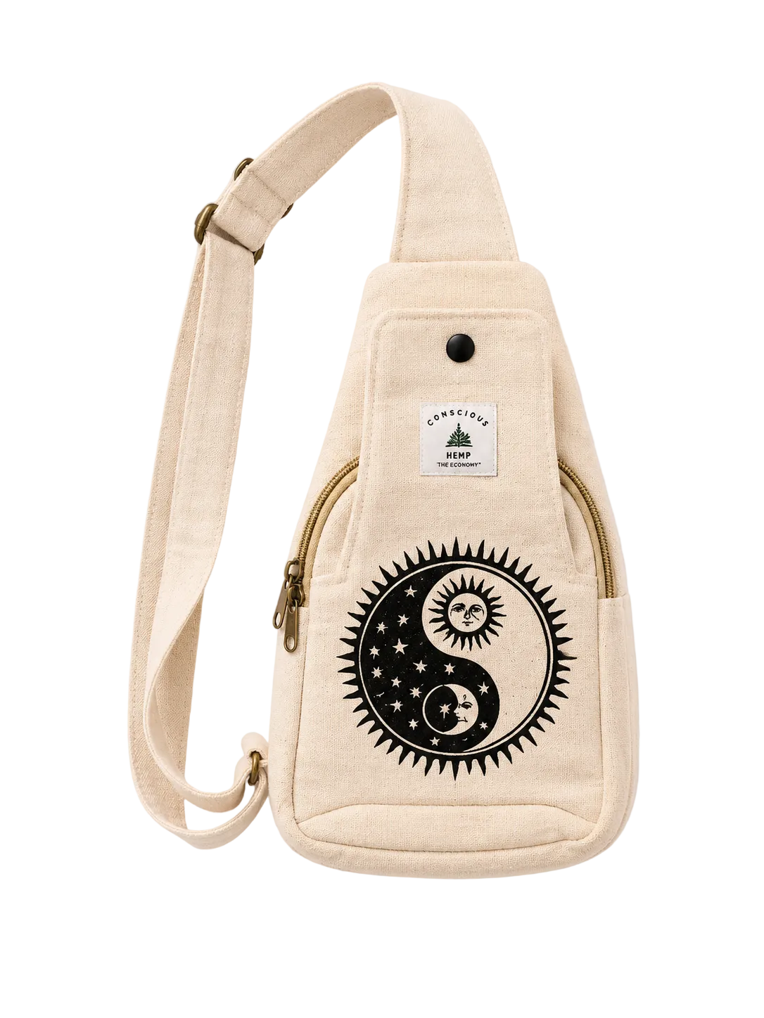 A beige canvas sling bag with a black yin-yang graphic on the front pocket, featuring a white 'Euphoric Design Co.' brand patch and gold-toned zipper accents, shown against a light off-white background.