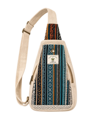 A canvas sling bag with a colorful geometric patterned front panel, featuring a cream-colored adjustable shoulder strap and a brand label that reads 'Cult Leader'.