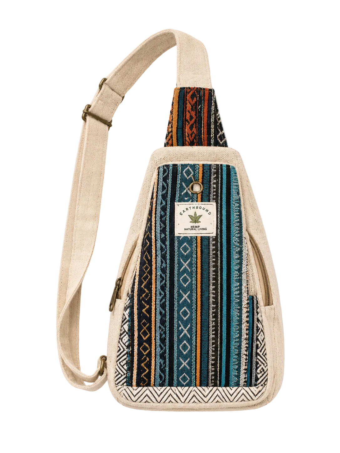 A canvas sling bag with a colorful geometric patterned front panel, featuring a cream-colored adjustable shoulder strap and a brand label that reads 'Cult Leader'.