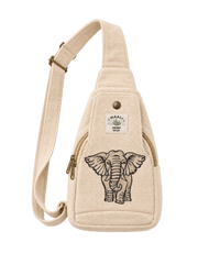 A beige canvas sling bag with a black embroidered elephant design on the front, a zippered pocket, and a white brand patch that reads 'MAALI HEMP RUP'.