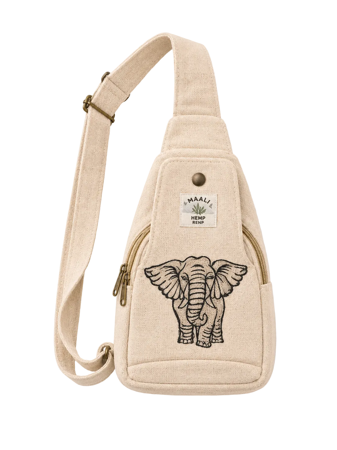 A beige canvas sling bag with a black embroidered elephant design on the front, a zippered pocket, and a white brand patch that reads 'MAALI HEMP RUP'.
