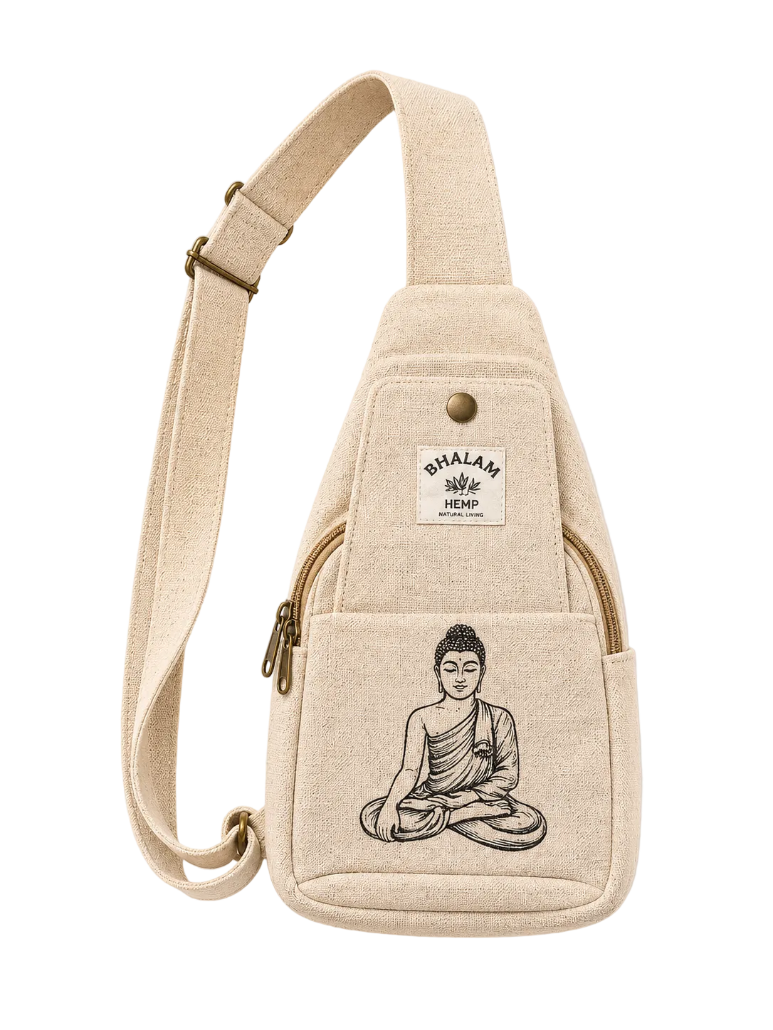 A beige canvas sling bag with a wide adjustable strap, featuring a front pocket with a black line art illustration of a meditating Buddha and a white 'BHALAM ART DESIGN' brand label. The bag is photographed flat on a light cream background.