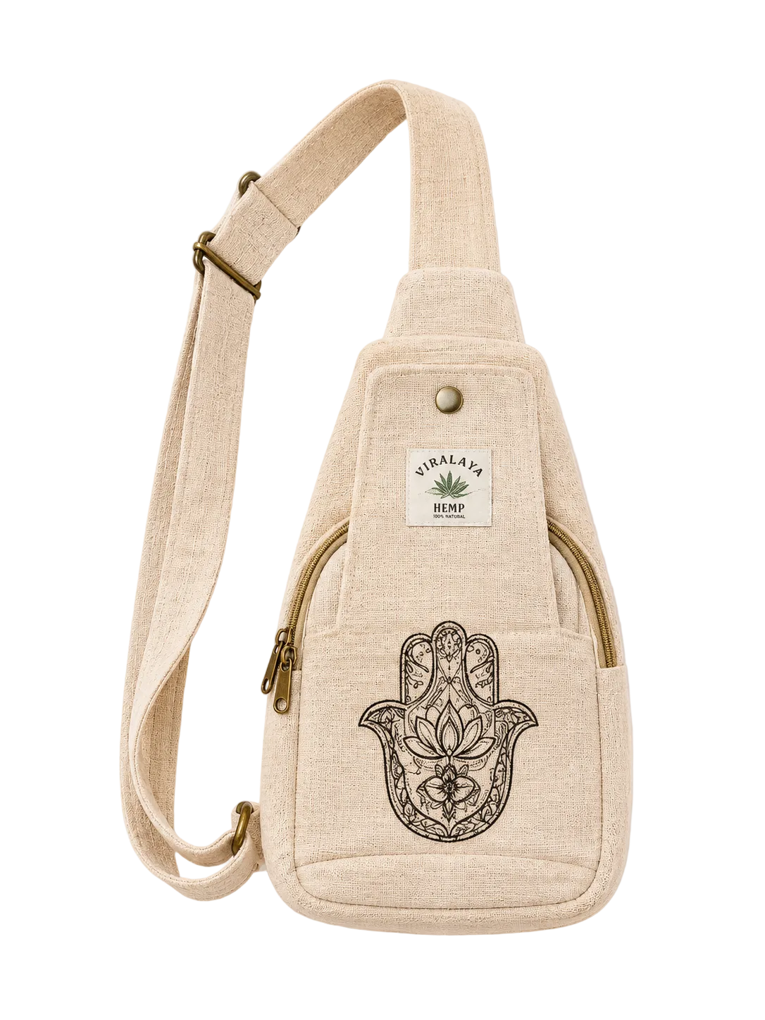 A beige canvas sling bag with a black Hamsa hand and lotus flower graphic on the front pocket, featuring a white brand label that reads 'HIMALAYAS BENGAL'.