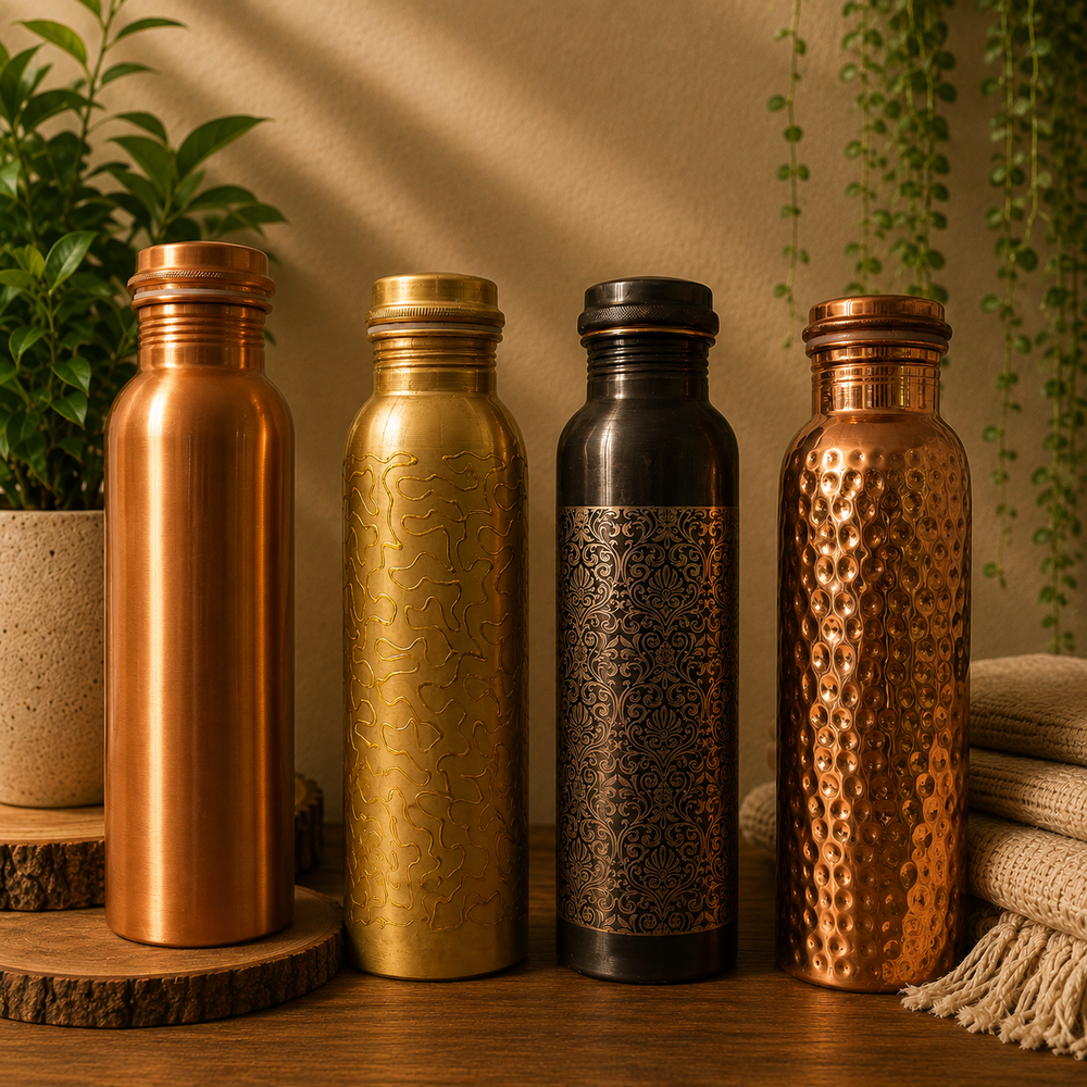 Four decorative metal water bottles in copper, gold, black, and hammered copper finishes, arranged on a wooden surface with plants and folded fabric in the background.