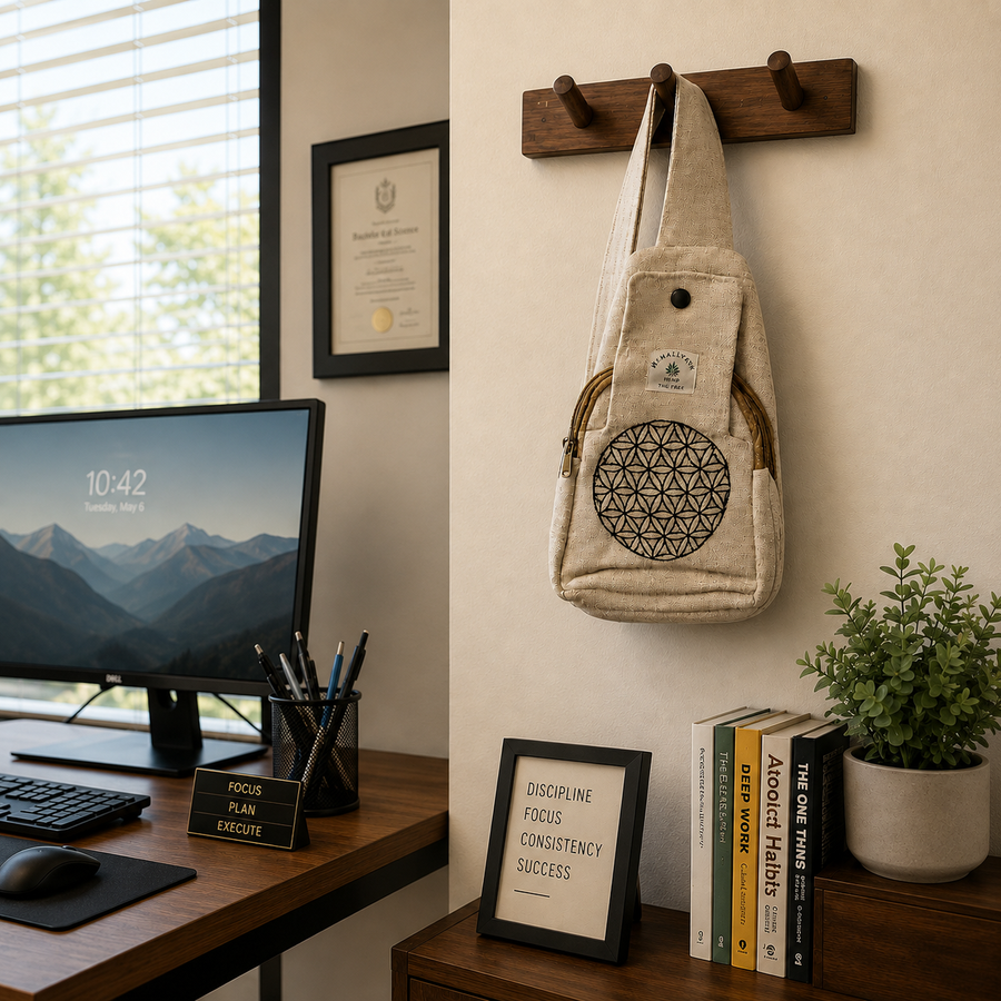 A beige canvas sling backpack with a geometric flower pattern hangs from a wooden wall hook in a styled home office setting. The background includes a desk with a computer monitor, framed certificates, books, and a small potted plant.