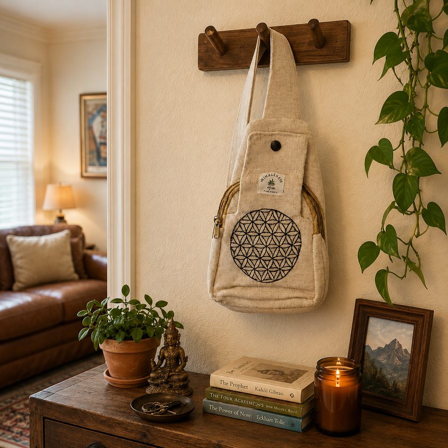 A beige canvas shoulder bag with a black geometric flower motif hangs from a wooden wall hook in a cozy, styled room. The bag features a small white brand label that reads 'The Sacred Geometry'.