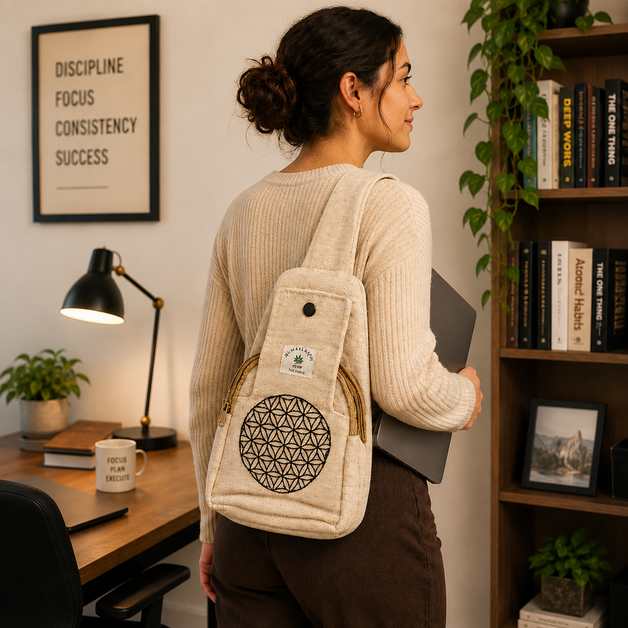 A woman in a cream ribbed sweater stands in a home office setting, viewed from behind, wearing a beige canvas shoulder bag with a black geometric flower pattern on the back. She is holding a laptop next to a wooden bookshelf filled with books and plants.