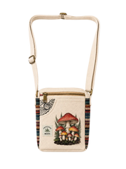 An off-white canvas crossbody bag with a gold zipper, featuring a colorful illustration of red and orange mushrooms on the front pocket, flanked by striped side panels, shown against a plain off-white background.
