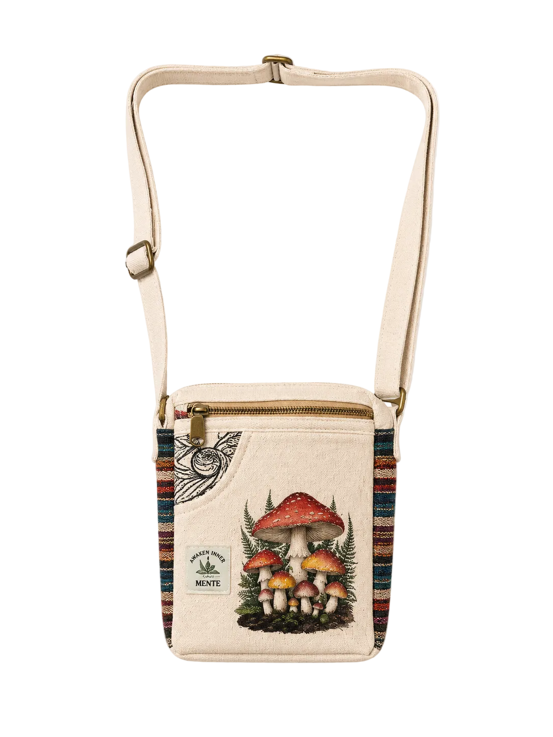 An off-white canvas crossbody bag with a gold zipper, featuring a colorful illustration of red and orange mushrooms on the front pocket, flanked by striped side panels, shown against a plain off-white background.