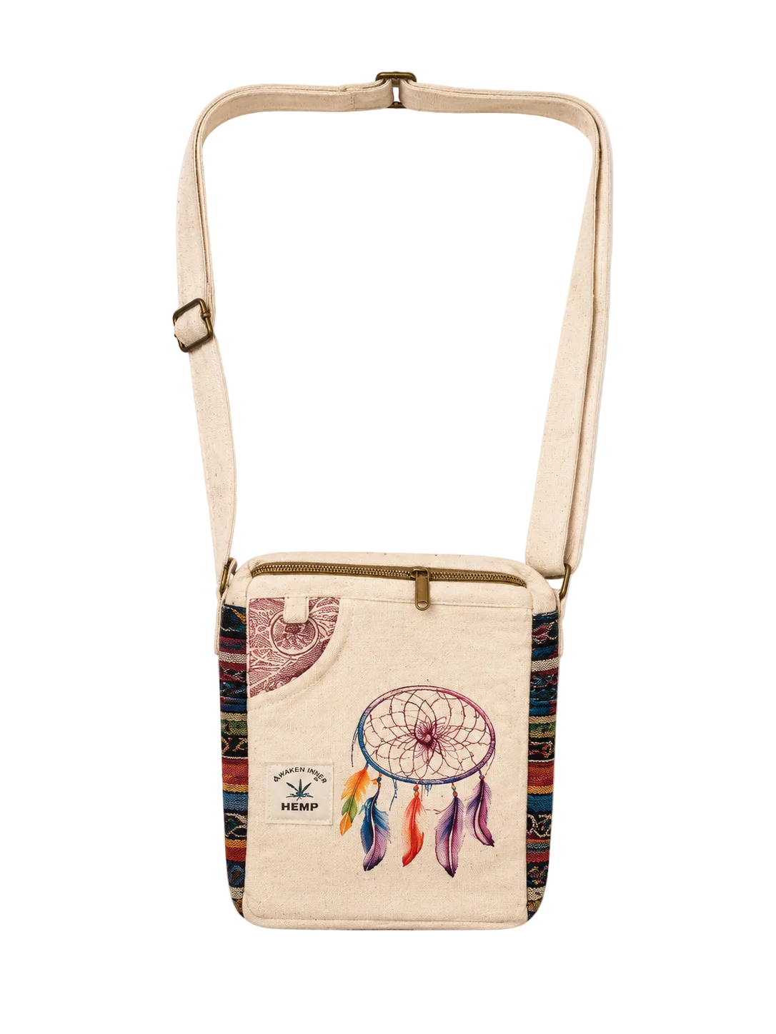 A canvas crossbody bag with a cream-colored body, a colorful dreamcatcher graphic, and patterned side panels, shown against a plain off-white background.