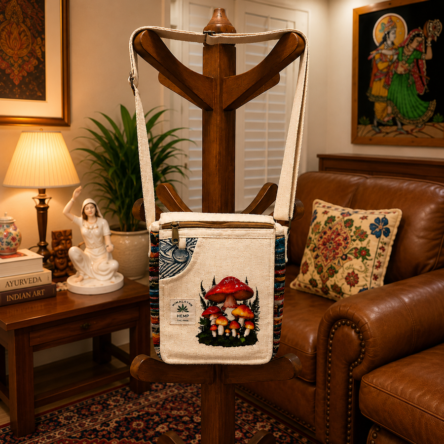 A canvas crossbody bag with a colorful embroidered mushroom design and a blue patterned side panel, hanging on a wooden coat rack in a cozy living room setting.