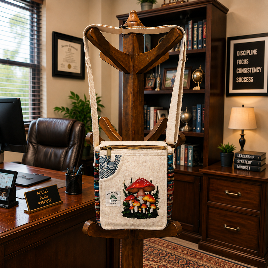 A canvas shoulder bag with a colorful mushroom print and blue-and-white striped side panels, hanging on a wooden coat rack in a furnished office setting.