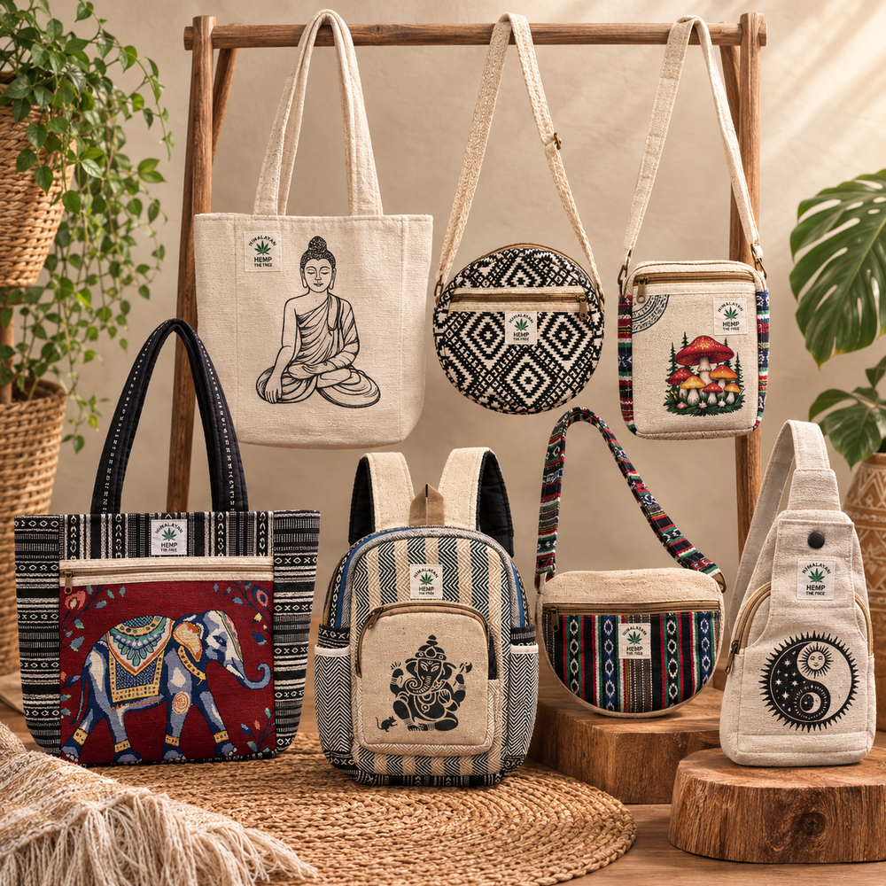 A collection of canvas tote bags and backpacks in a styled studio setup with a wooden rack, plants, woven mats, and wood blocks. The bags feature various designs including a seated Buddha print, geometric patterns, an elephant illustration, stripes, and spiritual motifs like Ganesha and a yin-yang symbol.
