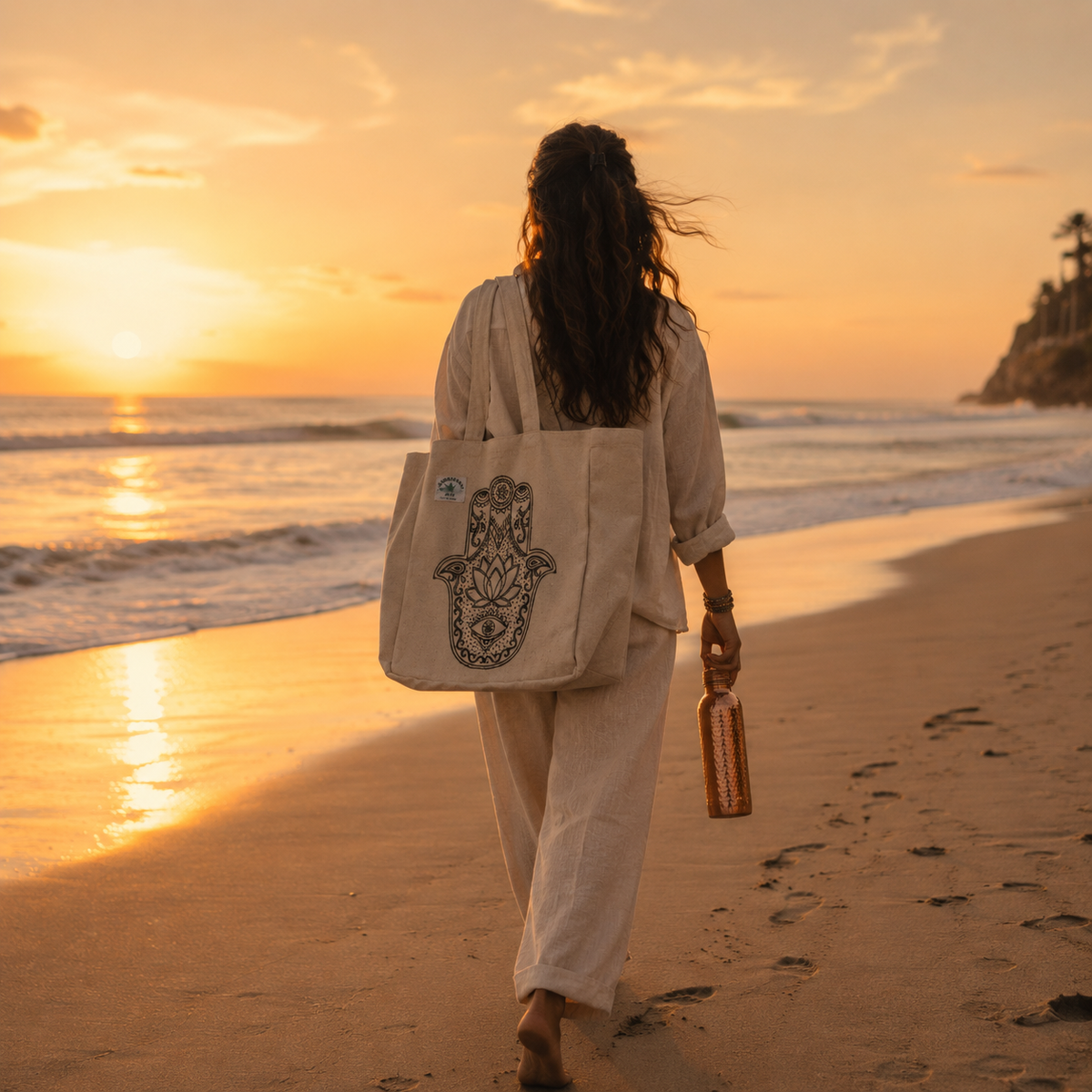 A woman walks barefoot on a sandy beach at sunset, seen from behind, carrying a large cream canvas tote bag with a black hamsa hand design and a small woven bottle.