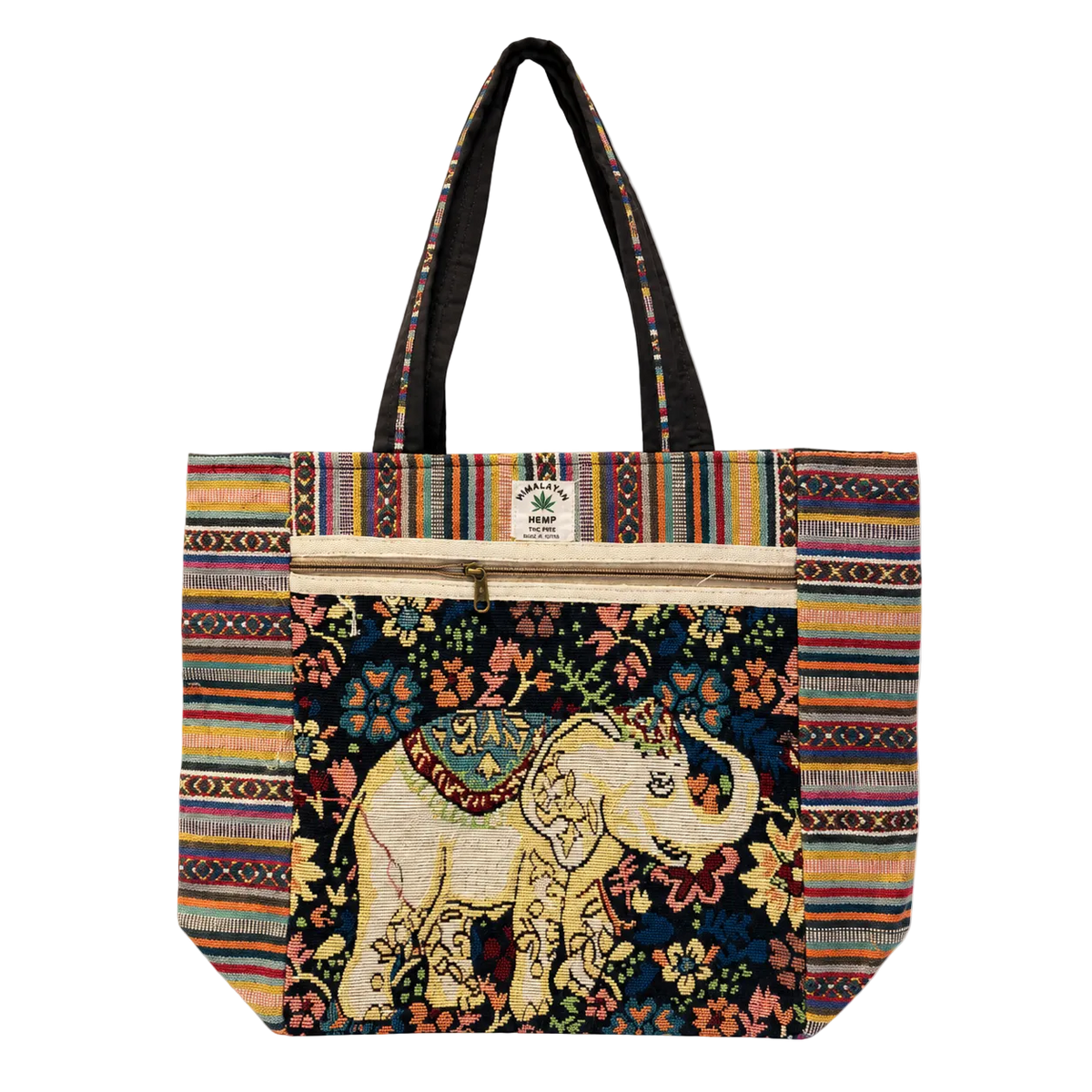 A large tote bag featuring a colorful bohemian design with a central elephant motif, striped borders, and black shoulder straps, shown against a plain white background.