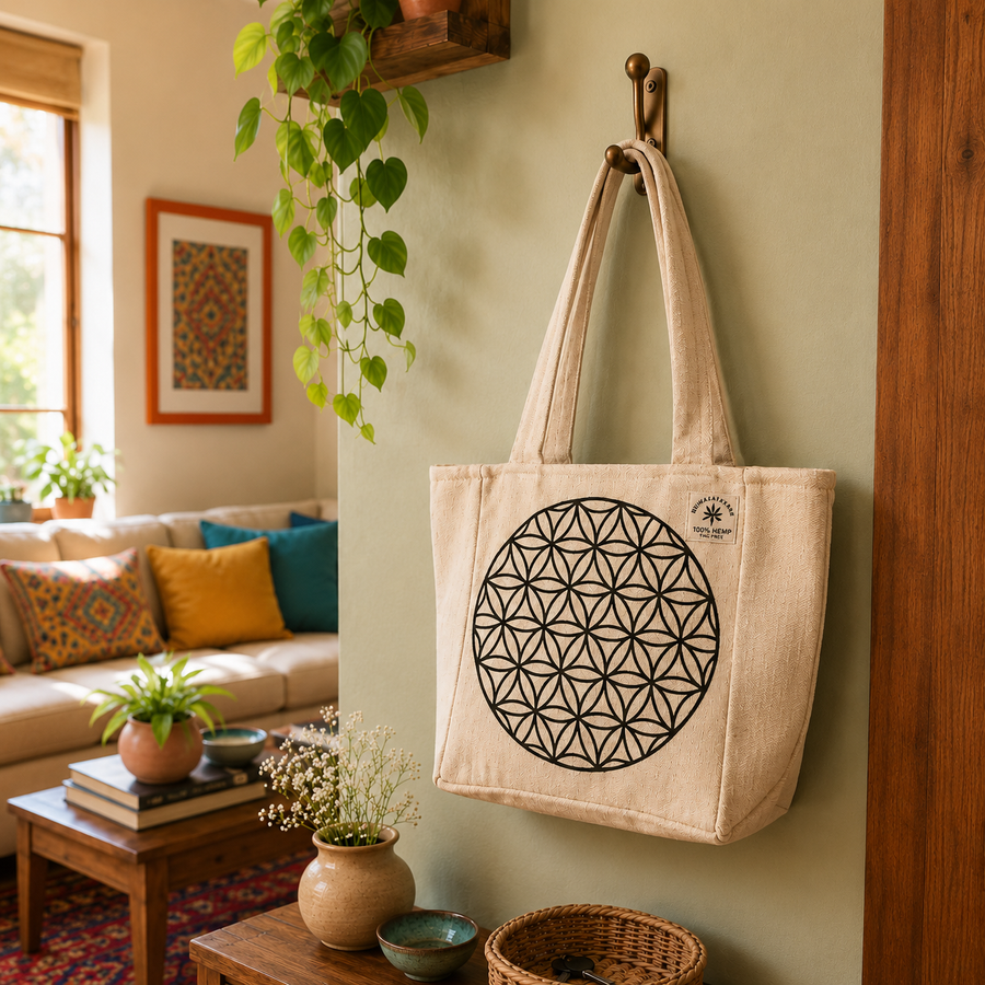A beige canvas tote bag with a black geometric flower-of-life print hangs from a wooden hook on a wall in a cozy living room setting.