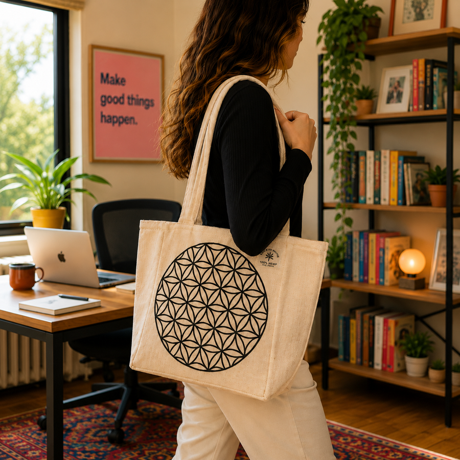 A woman carrying a cream canvas tote bag with a black geometric flower-of-life print, walking through a cozy, book-filled home office.