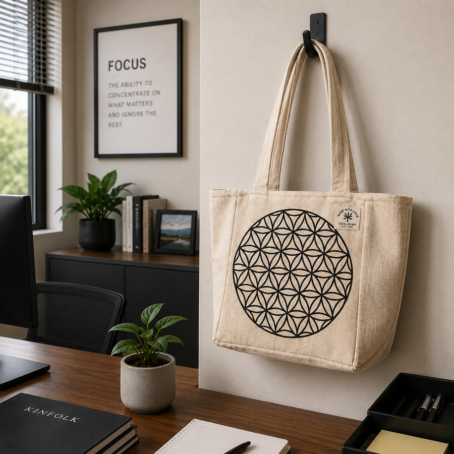 A beige canvas tote bag with a black geometric flower-of-life print hangs on a wall hook in a modern office setting. The background shows a desk, computer monitor, framed motivational poster, and potted plants.