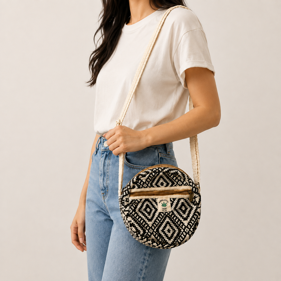 A woman wearing a white t-shirt and light blue jeans carries a round woven crossbody bag with a black and white geometric pattern and a beige strap against a light gray background.