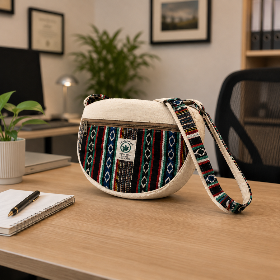 A small crescent-shaped shoulder bag with a cream canvas body and a colorful geometric patterned front panel and strap, sitting on a wooden desk in an office setting.