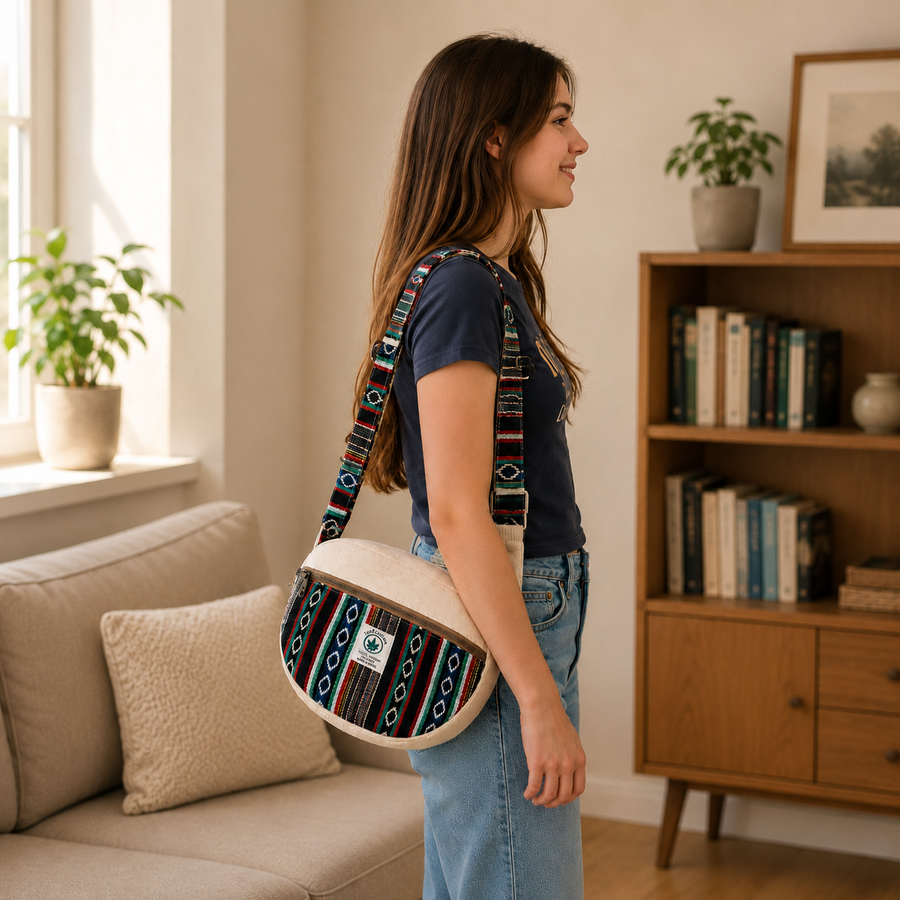 A woman wearing a navy t-shirt and light wash jeans stands in a cozy living room, carrying a round shoulder bag with a cream canvas body and a colorful geometric patterned strap and trim.