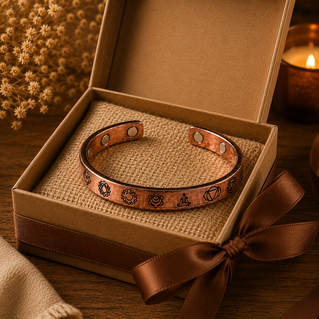 A copper-colored magnetic cuff bracelet with engraved symbols, presented inside a brown kraft gift box with a satin ribbon, set on a wooden surface with a warm, cozy background.