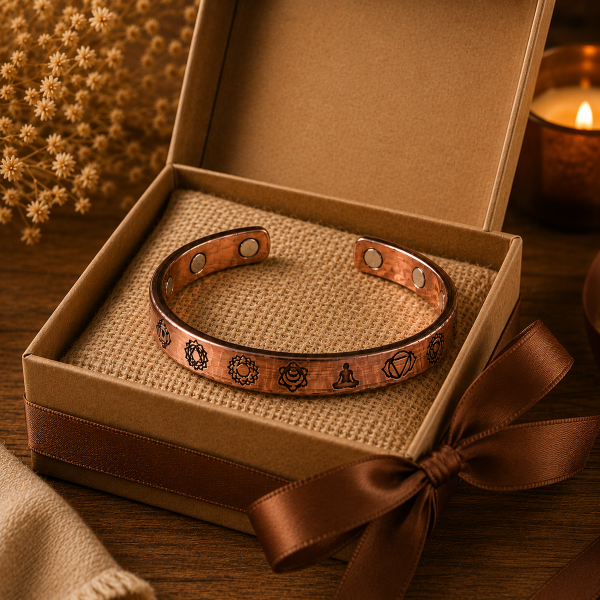 A copper-colored magnetic cuff bracelet with engraved symbols, presented inside a brown kraft gift box with a satin ribbon, set on a wooden surface with a warm, cozy background.