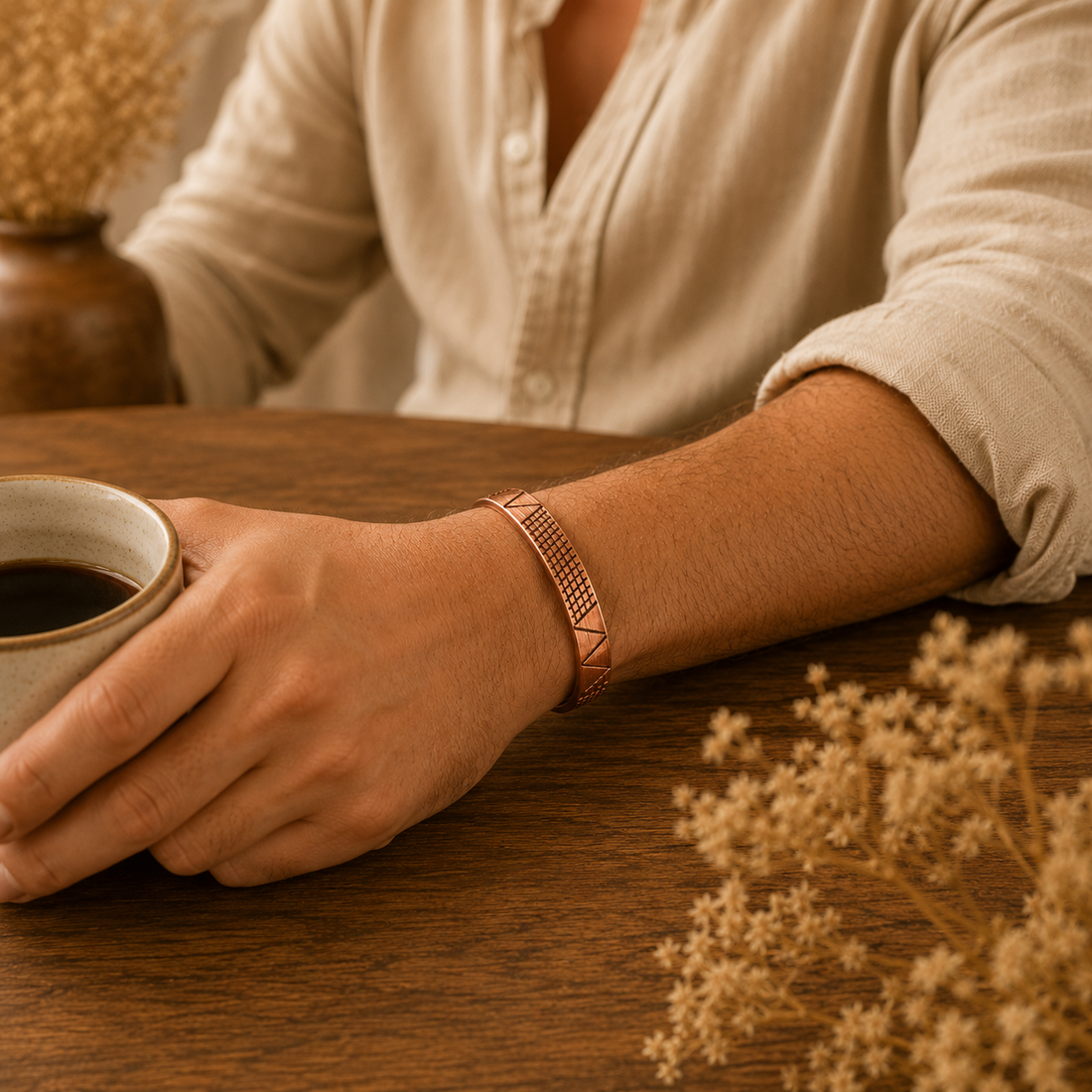 A close-up lifestyle shot of a person wearing a rose gold geometric mesh bangle bracelet on their wrist, resting their hand on a wooden table next to a cup of coffee.