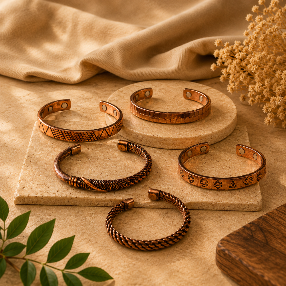 Five copper-toned cuff bracelets with various geometric and textured patterns, arranged on a beige stone surface with a draped beige fabric and dried flowers in the background.