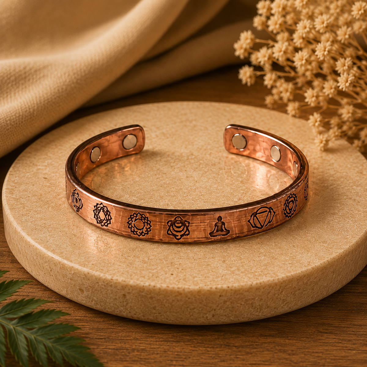 A copper-toned open cuff bracelet with engraved spiritual symbols, displayed on a round beige stone tray with dried flowers and fabric in the background.