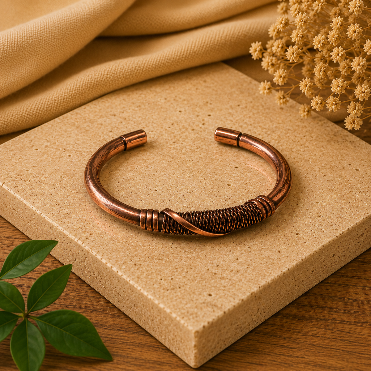 A copper-toned open cuff bracelet with a textured wrapped center, displayed on a beige stone slab with fabric, dried flowers, and green leaves in the background.